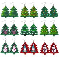 Pendientes de Navidad, Cuero sintético, con aleación de zinc, Árbol de Navidad, estampado, Diseño de Navidad & diferentes patrones para la opción & para mujer, multicolor, 47x56mm, 10parespareja/Grupo, Vendido por Grupo