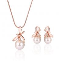 Zinklegering Sieraden Sets, oorbel & halsketting, Zinc Alloy, met Plastic Pearl, met 5cm extender keten, rose goud plated, voor vrouw, wit, nikkel, lood en cadmium vrij, 15x28mm, Lengte Ca 45 cm, Verkocht door Stel