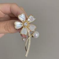 Cubic Zirconia Brooch Brass with Shell & Plastic Pearl Flower gold color plated micro pave cubic zirconia & for woman nickel lead & cadmium free Sold By PC