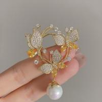 Cubic Zirconia Brooch Brass with Plastic Pearl Butterfly gold color plated micro pave cubic zirconia & for woman nickel lead & cadmium free Sold By PC