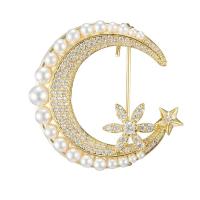 Cubic Zirconia Broche, metal, Luna, chapado en oro de 14 K, Joyería & micro arcilla de zirconia cúbica & para mujer, dorado, libre de níquel, plomo & cadmio, 25x26mm, Vendido por UD