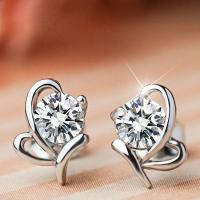 Messing Stud ørering, Heart, platineret, for kvinde & med cubic zirconia, 8.50mm, Solgt af par