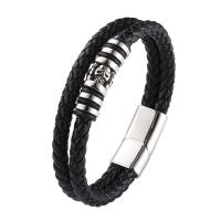 Pulseras de Cordón de PU, Cuero de PU, con acero inoxidable 316, Calavera, Doble capa & longitud diferente para la opción & para hombre, más colores para la opción, 12mm, Vendido por UD