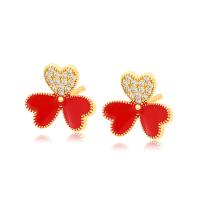 Zinklegering oorknoppen, Zinc Alloy, Three Leaf Clover, gold plated, mode sieraden & voor vrouw & met strass, nikkel, lood en cadmium vrij, 10x10mm, Verkocht door pair