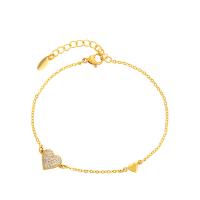 Pulseira de liga de zinco, with 3cm extender chain, Coração, cromado de cor dourada, joias de moda & para mulher & com strass, dourado, níquel, chumbo e cádmio livre, 8mm, comprimento Aprox 17 cm, vendido por PC