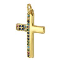 Kubik Zirkonium mikro bana Mässing hängande, Cross, guldfärg pläterade, mode smycken & DIY, flerfärgad, 15x25x2mm, Hål:Ca 3mm, Säljs av PC