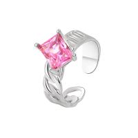 Cubic Zircon Messing fingerring, med Cubic Zirconia, Square, platin farve forgyldt, Justerbar & mode smykker & for kvinde, lyserød, nikkel, bly & cadmium fri, 5.70mm, Størrelse:6.5, Solgt af PC