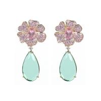 Boucles d'oreilles cristal, laiton, avec cristal, fleur, Placage de couleur d'or, pour femme & avec strass, 24x50mm, Vendu par paire