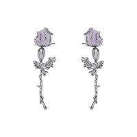 Pendientes de Perno de Aleación de Zinc, con resina & metal & fundición, Rosa, chapado en color de plata, Joyería & para mujer, libre de níquel, plomo & cadmio, 63x17mm, Vendido por Par