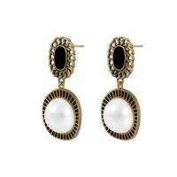 Pendientes de Gota en Latón, metal, con Perlas plásticas, chapado en color dorado, para mujer, en blanco y negro, libre de níquel, plomo & cadmio, 17x34mm, Vendido por Par