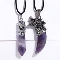 Quarz Halskette, Amethyst, mit Lederband & Messing, mit Verlängerungskettchen von 5cm, silberfarben plattiert, verschiedene Stile für Wahl & für Frau, keine, 26x64mm, Länge ca. 43 cm, verkauft von PC