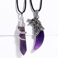 Quartz Necklace Amethyst with leather cord & Brass with 5cm extender chain silver color plated & for woman Length Approx 43 cm Sold By PC