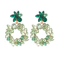 Boucle d'oreille strass, alliage de zinc, fleur, Placage de couleur d'or, pour femme & avec strass & creux, vert, protéger l'environnement, sans nickel, plomb et cadmium, 31x47mm, Vendu par paire