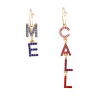 Boucles d'oreilles asymétriques, alliage de zinc, Lettre d’alphabet, Placage de couleur d'or, pour femme & avec strass, protéger l'environnement, sans nickel, plomb et cadmium, 10x41mm,10x75mm, Vendu par paire