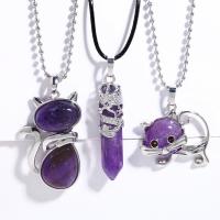 Quarz Halskette, Amethyst, mit Lederband & Messingkette & Messing, mit Verlängerungskettchen von 5cm, silberfarben plattiert, verschiedene Stile für Wahl & für Frau, keine, 10x54mm, Länge ca. 43 cm, verkauft von PC