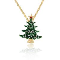 Colares de Natal, liga de zinco, with 6.5cm extender chain, Árvore de Natal, cromado de cor dourada, para mulher & esmalte & com strass, verde, níquel, chumbo e cádmio livre, 39x51mm, comprimento Aprox 56 cm, vendido por PC