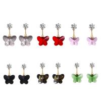 Boucles d'oreilles cristal, avec alliage de zinc, papillon, Placage de couleur d'or, pour femme & avec strass, plus de couleurs à choisir, 13x30mm, Vendu par paire