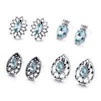 Lo zinco in lega Stud Earring, lega in zinco, placcato color argento, 4 pezzi & per la donna & con strass & cavo, blu chiaro, assenza di nichel,piombo&cadmio, 4Pairspaio/set, Venduto da set