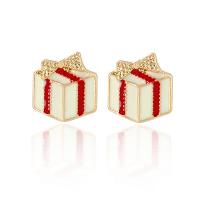 Pendientes de Perno de Aleación de Zinc, forma de regalo, chapado en color dorado, para mujer & esmalte, Blanco, libre de níquel, plomo & cadmio, 11x11mm, Vendido por Par