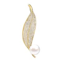 Cubic Zirconia Broche, metal, con Perlas plásticas, Hoja, chapado en color dorado, micro arcilla de zirconia cúbica & para mujer, libre de níquel, plomo & cadmio, 15x62mm, Vendido por UD