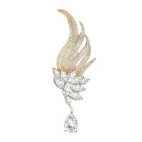 Cubic Zirconia Broche, Messing, Feather, guldfarve belagt, Micro Pave cubic zirconia & for kvinde, nikkel, bly & cadmium fri, 27x80mm, Solgt af PC