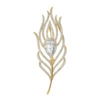 Cubic Zirconia Broche, metal, Pluma, chapado en color dorado, micro arcilla de zirconia cúbica & para mujer, libre de níquel, plomo & cadmio, 40x75mm, Vendido por UD