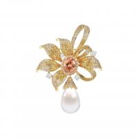 Cubic Zirconia Broche, metal, con Perlas plásticas, Flor, chapado en color dorado, micro arcilla de zirconia cúbica & para mujer, libre de níquel, plomo & cadmio, 41.90x59.60mm, Vendido por UD