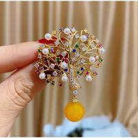 Resina Broche, metal, con resina & Perlas plásticas, Árbol, chapado en oro real, micro arcilla de zirconia cúbica & para mujer, 50x36mm, Vendido por UD