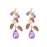 Boucle d'oreille strass, alliage de zinc, branche, bijoux de mode & pour femme & avec strass, violet, protéger l'environnement, sans nickel, plomb et cadmium, 63x28mm, Vendu par paire