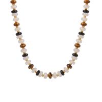 Collier bijoux de pierre gemme, oeil de tigre, avec Jade & Acier titane & agate noire, avec 1.97inch chaînes de rallonge, bijoux de mode & pour femme, 4mm, Longueur Environ 15.75 pouce, Vendu par PC