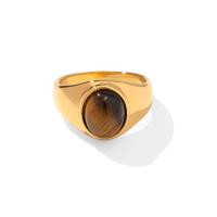 Vinger Ring in edelstaal, met Tiger Eye, Ovaal, mode sieraden & verschillende grootte voor keus & voor vrouw, gouden, nikkel, lood en cadmium vrij, 12.80mm, Maat:6-8, Verkocht door PC