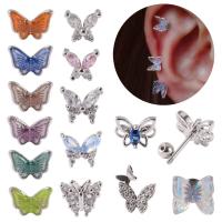 Rustfrit stål Ear Piercing Smykker, 304 rustfrit stål, Butterfly, Unisex & Micro Pave cubic zirconia, flere farver til valg, 0.8*6*3mm, 2pc'er/Bag, Solgt af Bag