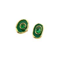 Gemstone Oorbellen, Messing, met Edelsteen, 18K vergulde, voor vrouw & glazuur & met strass, 13.9*15.5mm,10mm, Verkocht door pair