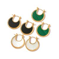 Acier inoxydable Levier Retour Earring, avec Malachite & coquille, Rond, bijoux de mode & pour femme, doré, 21.04x21.70mm, Vendu par paire