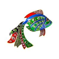 Broche émail, alliage de zinc, poisson, Placage de couleur d'or, pour femme & avec strass, multicolore, protéger l'environnement, sans nickel, plomb et cadmium, 70x65mm, Vendu par PC