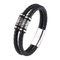 Pulseras de Cordón de PU, Cuero de PU, con acero inoxidable 316, Doble capa & longitud diferente para la opción & para hombre, Negro, 12mm, Vendido por UD