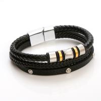 Bracelets cordon PU, cuir PU, avec acier inoxydable 316L & alliage de zinc, multicouche & pour homme, noire, Longueur 21 cm, Vendu par PC