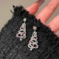 Pendientes de Navidad, metal, Árbol de Navidad, chapado, Diseño de Navidad & Joyería & micro arcilla de zirconia cúbica & para mujer, más colores para la opción, libre de níquel, plomo & cadmio, 37x14mm, Vendido por Par