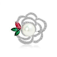 South Sea Shell broche, laiton, avec Shell Pearl, Rose, Placage de couleur platine, pavé de micro zircon & pour femme, protéger l'environnement, sans nickel, plomb et cadmium, 36x41.50mm, Vendu par PC