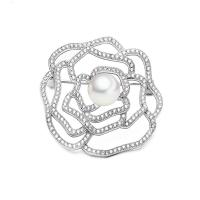 South Sea Shell broche, Messing, med Shell Pearl, Flower, platin farve forgyldt, Micro Pave cubic zirconia & for kvinde, nikkel, bly & cadmium fri, 35x37mm, Solgt af PC