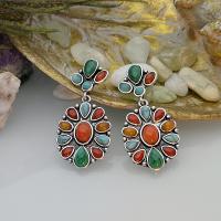 Gemstone Earrings, liga de zinco, with Pintado de Jade, banho de cor prata antiga, Vintage & para mulher, níquel, chumbo e cádmio livre, 43x22mm, vendido por par