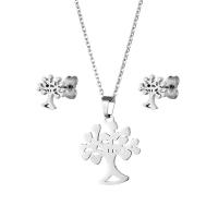 Roestvrij staal sieraden sets, Stud Oorbel & halsketting, 304 roestvrij staal, Tree of Life, gepolijst, 2 stuks & mode sieraden & voor vrouw, zilver, Lengte Ca 17.72 inch, Verkocht door Stel