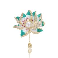 Glazuur broche, Messing, met Plastic Pearl, Bloem, gold plated, kan worden gebruikt als broche of hanger & micro pave zirconia & voor vrouw, groen, nikkel, lood en cadmium vrij, 46x56mm, Verkocht door PC