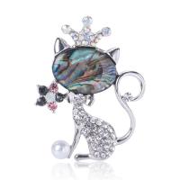 Shell Broche, Zinc Alloy, met Abalone Schelp & Plastic Pearl, Kat, silver plated, voor vrouw & met strass, groen, nikkel, lood en cadmium vrij, 32x43mm, Verkocht door PC