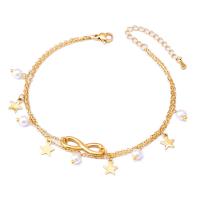 Roestvrijstalen Anklet, Titanium Staal, met Plastic Pearl, met 1.97inch extender keten, Dubbele laag & mode sieraden & voor vrouw, gouden, Lengte Ca 8.27 inch, Verkocht door PC