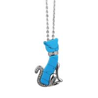 Collier d'acier titane, avec turquoise synthétique, chat, unisexe & avec strass, bleu, 28x44mm, Longueur Environ 60 cm, Vendu par PC