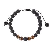 Pulseras de piedras preciosas, lava, con cordón poliéster & Ojo de tigre, Esférico, ajustable & para hombre, Negro, longitud aproximado 18-30 cm, Vendido por UD