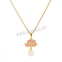 Collier d'acier titane, avec perle de plastique & laiton, fleur, Placage de couleur d'or, pavé de micro zircon & pour femme & émail, doré, Longueur Environ 45 cm, Vendu par PC