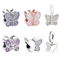 925 Sterling Sølv European Bead, Butterfly, forgyldt, du kan DIY & Micro Pave cubic zirconia, flere farver til valg, 9.5-18mm, Solgt af PC