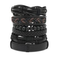 Pulseiras de fio de PU, Couro do plutônio, with Cânhamo & Fio de cera & madeira, 6 peças & joias de moda & para o homem, preto, comprimento Aprox 17-18 cm, vendido por Defina